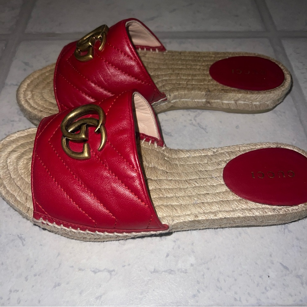 Gucci Matelesse Espadrille Marmont Slide Sandal Red Leather 6.5 /37.5